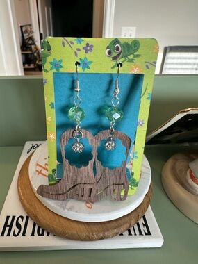 Wooden Elephant Dangle Earrings with Teal Accents